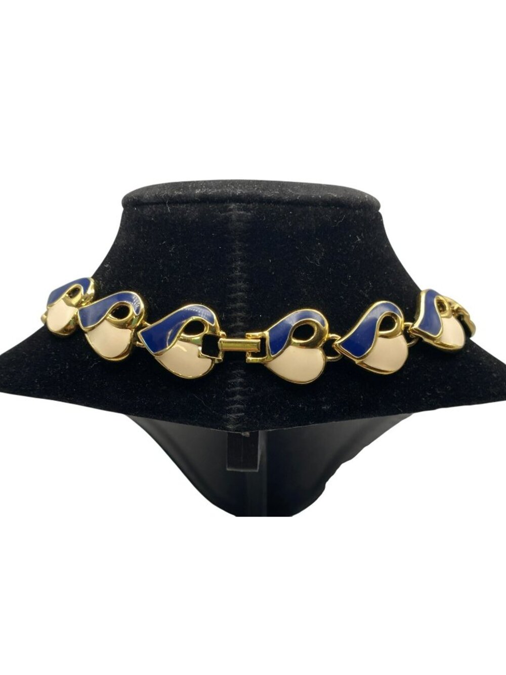 Vintage Heart Necklace Enamel Cream Navy Blue Gold Tone 1980s 80's Retro Y2K - Picture 3 of 8